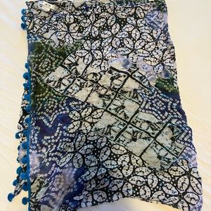 CAbi multicolor scarf w/ Blue Poms 100% Rayon